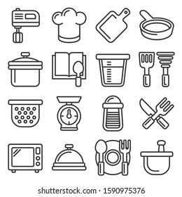 Kitchen and Cooking Icons Set on White Background. Line Style Vector