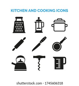Kitchen and cooking icons set on white background.