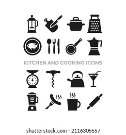 Kitchen and cooking icons set on white background.