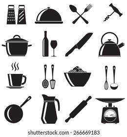 Kitchen and cooking icons set: pans, wine bottle and glass, spoon, fork, knife, kettle, cup. Vector illustration isolated on white background.