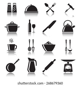 Kitchen and cooking icons set: pans, wine bottle and glass, spoon, fork, knife, kettle, cup. Vector illustration isolated on white background.