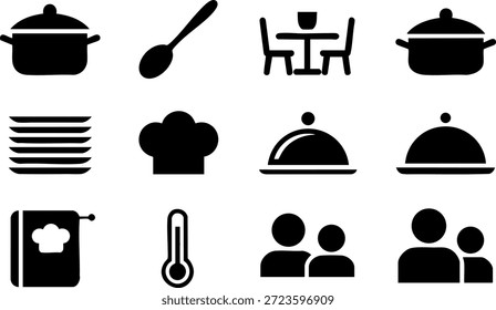 Kitchen and Cooking Icons Set – Pot, Spoon, Chef Hat, Plate, Thermometer, and Dining Vector Symbols