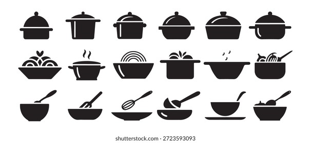 Cocina Iconos de cocina Set. Ollas, Cuencos, Utensilios, Ilustraciones de comida.