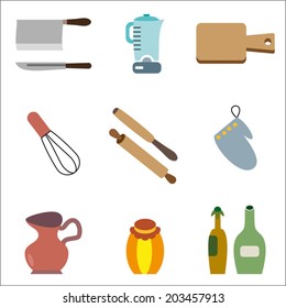 Kitchen and cooking icons set, cooking utensils,  knives, isolated on a white background. Flat design vector illustration.