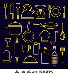 Kitchen and cooking icons with thin line. Vector illustration
