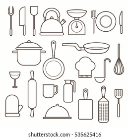 Cocina e iconos de cocina con delgada línea. Ilustración del vector
