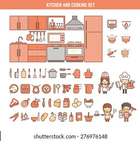 Kitchen And Cooking Infographic Elements For Kid Including Characters And Icons