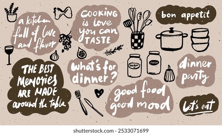 Kitchen and cooking inspirational quotes, handwritten sayings and slogans about food, bon appetit, dinner. Cafe menu decoration elemets set.