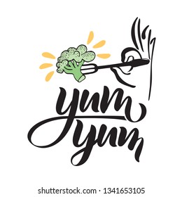 Kitchen cooking lettering inscriptions, color logo broccoli on fork, cuisine label. Bon Appetit, yum yum. Calligraphy hand drawn. Vector illustration, typography design element, lettering.