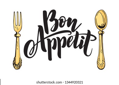 Kitchen cooking lettering inscriptions, color logo cutlery fork and spoon, cuisine label. Bon Appetit, spoon, fork. Calligraphy hand drawn. Vector illustration, typography design element, lettering.