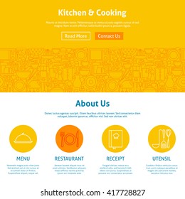 Kitchen and Cooking Line Art Web Design Template. Vector Illustration for Website banner and landing page. Kitchenware and Utensils with Icons Modern Outline Design.