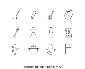 Kitchen and cooking line icons set with ladle, rolling pin, spatula, cutting board, hand blender, bbq grill, salt shaker, grater, recipe book, pan, apron, refrigerator.