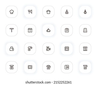Ikonen für Küchen und Kochen. Küchenchef, Utensilien, Topf, Gabel, Messer, Saucepan und andere Knöpfe. Vektorgrafik-Piktogramme für Web und i, ux mobile App Design. Bearbeitbarer Stroke. 24x24 Pixel perfekt.
