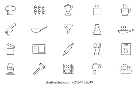 Kitchen and cooking line icons set. Recipe book, chef hat and cutting board, frying pan and Kitchen utensils. Fork, spoon and knife line icons. Outline icon collection. Thin outline icons pack.