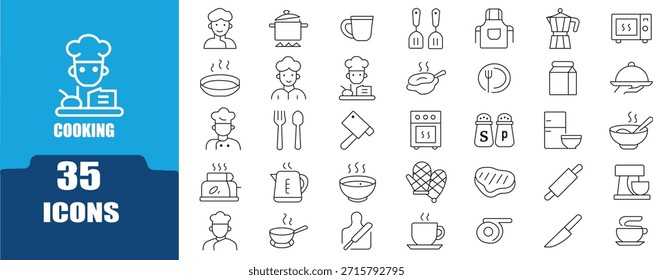 Conjunto de iconos de cocina y línea de cocina: Vector de chef, comida, utensilios y utensilios de cocina