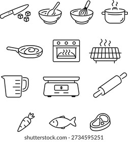 Kitchen cooking line icons set with utensils food and appliances