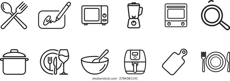 Kitchen, cooking line icons set. Air fryer, meal blender, oven, fridge, recipe cookbook, grocery delivery flat minimal vector illustrations. Simple outline signs. Perfect. Editable Stroke.