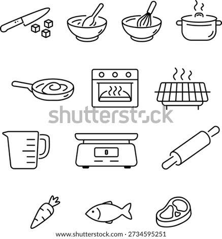 Kitchen cooking line icons set with utensils food and appliances