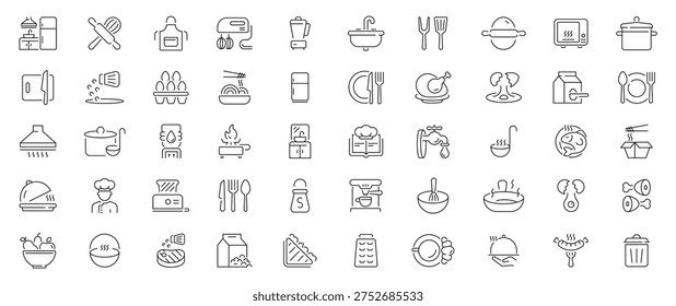 Conjunto de iconos de contorno de cocina y cocina. trazo editable en estilo de línea delgada