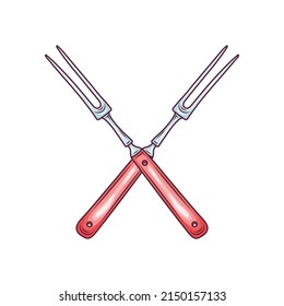 Kitchen cooking pitchfork or meat fork utensil, hand drawn colored vector illustration isolated on white background. Barbecue and grill fork with long handle.