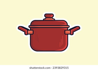 Kitchen Cooking Pot Sticker design vector illustration. Kitchen appliance element icon concept. Steel kitchen saucepan sticker design logo with shadow. Pan with lid for dishes, kitchen, home cooking.