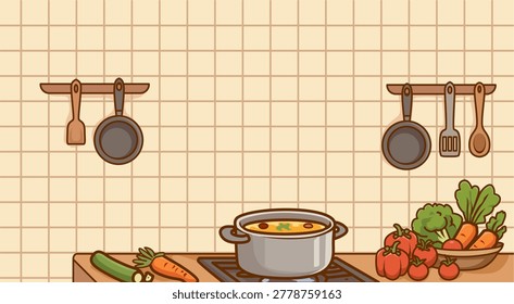 Kitchen with Cooking Pot and Vegetables on Countertop Illustration