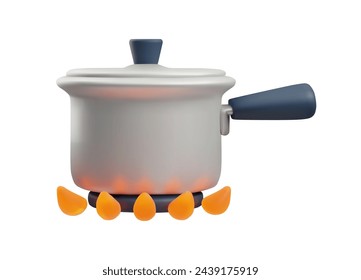 Kitchen cooking scene. 3D Vector illustration of a saucepan with a long handle and a closed lid standing on a lit gas stove. Isolated icon perfect for cooking themed design.