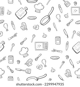 Cocina y cocina sin fisuras con un bonito estilo de doodle en blanco y negro adecuado para fondo o papel tapiz