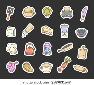 Kitchen cooking set with cute outline illustration of utensils, cookware, appliances, and food items for meal preparation, baking, and culinary fun at home for yours creative project.