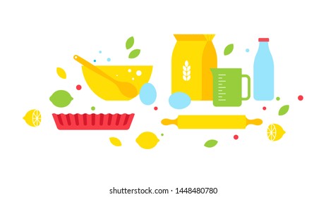 Kitchen and cooking. Set of kitchen utensils for cooking. Ingredients: flour, milk, pastries, dough, eggs, kitchen recipes. Colorful Vector elements for the kitchen. Trend style.