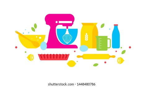Kitchen and cooking. Set of kitchen utensils for cooking. Ingredients: flour, milk, pastries, dough, eggs, kitchen recipes. Colorful Vector elements for the kitchen. Trend style.