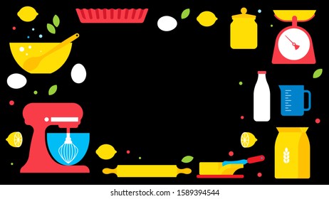 Kitchen and cooking. Set of kitchen utensils for cooking. Ingredients: flour, milk, pastries, dough, eggs, kitchen recipes. Colorful Vector elements for the kitchen. Black background.