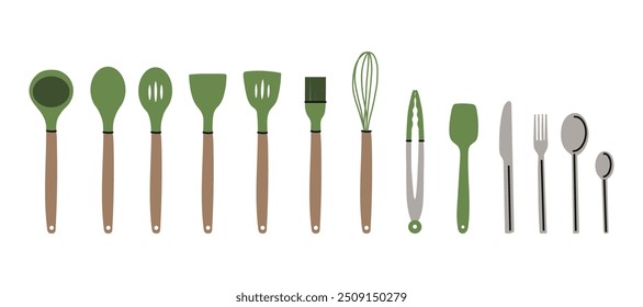 Kitchen cooking tools. Equipment for preparing food. Plastic cookers spoon and spatula and ladle. Cartoon flat style isolated vector illustration