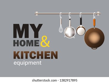 Kitchen cooking tools hanging on the gray wall of the house-vector