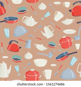 Kitchen and cooking tools seamless pattern with kitchenware equipment vector illustration. Kitchen dishes in flat style coffee pot pan saucepan spoon fork skimmer background.