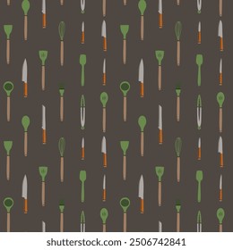 Utensilios de cocina sin patrón. Equipos para la preparación de alimentos. Ollas de plástico con cuchara y espátula y cucharón. Decoración textil, envoltura, Fondo de pantalla. Estampado para tela. Fondo de Vector plano de dibujos animados