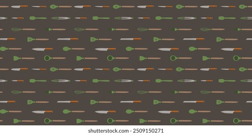 Utensilios de cocina sin patrón. Equipos para la preparación de alimentos. Ollas de plástico con cuchara y espátula y cucharón. Decoración textil, envoltura, Fondo de pantalla. Estampado para tela. Fondo de Vector plano de dibujos animados