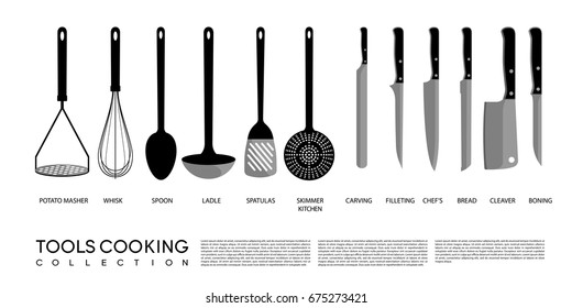 Kitchen cooking tools set with potato masher whisk spoon ladle spatula skimmer and knives isolated vector illustration