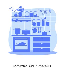 Kitchen and cooking tools, vector silhouette. Background of the kitchen interior with furniture and utensils.