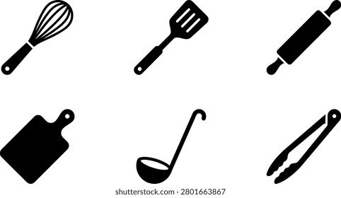 Kitchen cooking utensil icons set of black vector