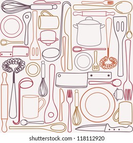 Kitchen and cooking utensils and cutlery - seamless pattern. kitchen tool and utensil. ; cooking vector drawing. kitchen accessory set pattern.