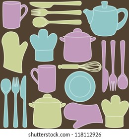 Kitchen and cooking utensils and cutlery - seamless pattern