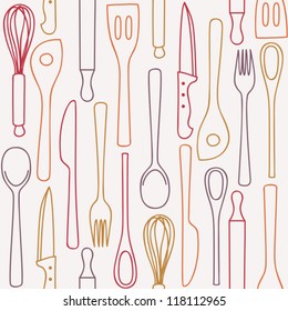 Kitchen and cooking utensils and cutlery - seamless pattern