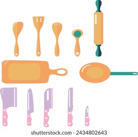 Kitchen cooking utensils drawn in flat vector