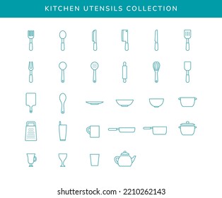Kitchen cooking utensils outline icon set collection minimalist