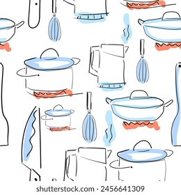 Utensilios de cocina y cocina sin patrón. fondo, ilustración textil