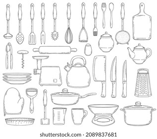 Kitchen cooking utensils and tools collection, hand drawn sketch style vector illustration isolated on white background. Food preparation utensils and kitchenware icons.