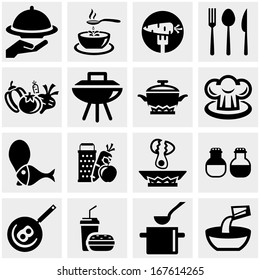 Kitchen and cooking vector icons set on gray