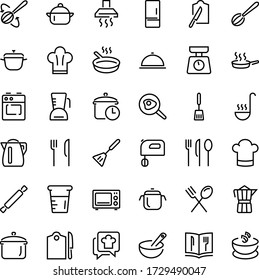 KITCHEN Cooking, Vector line illustration, contains icons, frying pan, frying, microwave, fork, recipe, mixer, boiling, fried eggs, cook hat, oven, scales, refrigerator, thin lines Editable stroke.