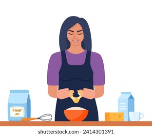 Kitchen cooking. Woman cooks an omelet for breakfast. Smiling girl in the kitchen. Flat vector illustration